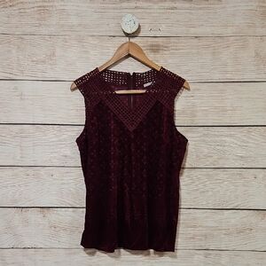 Valerie Stevens Burgundy Velvet Lace Sleeveless Blouse Large
